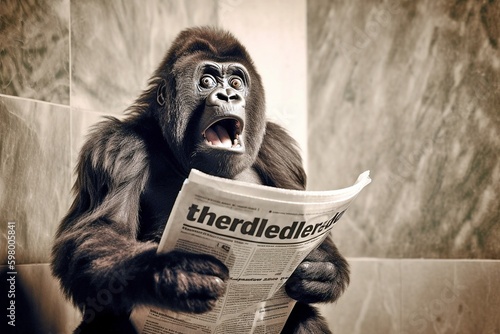 Billede på lærred Gorilla Caught by Surprise: Reading Newspaper on Toilet, Humorous Moment, Genera