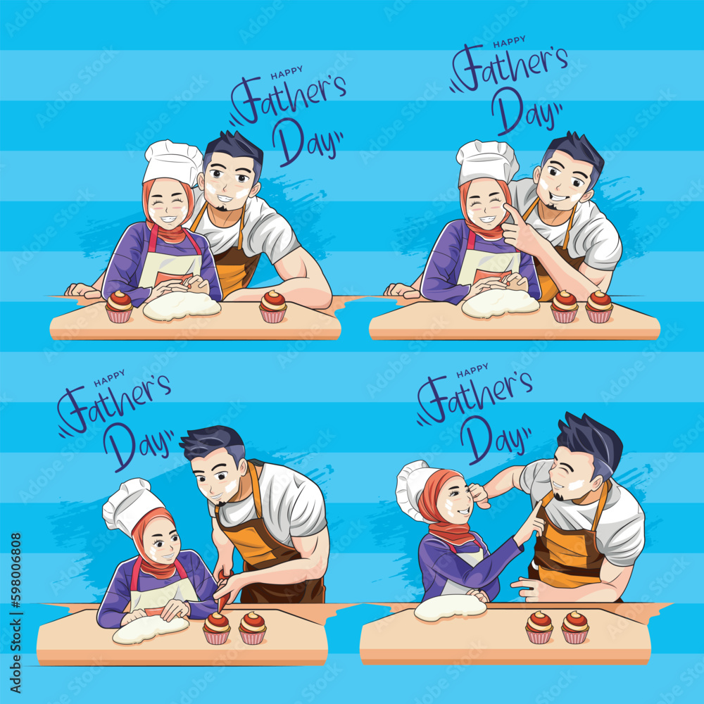 A Collection of Illustrations for Father's Day Depicting a Father and Daughter in Hijab Cooking Together