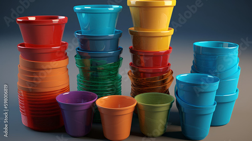 colorful plastic cups on a table, image of 3d plastic cups, generative ai