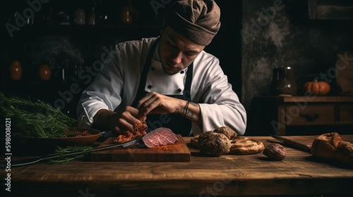 A chef with a knife in hand preparing meat and vegetables, generative ai
