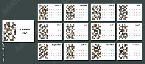 Calendar 2024 geometric patterns. Monthly calendar template for 2024 year with geometric shapes.