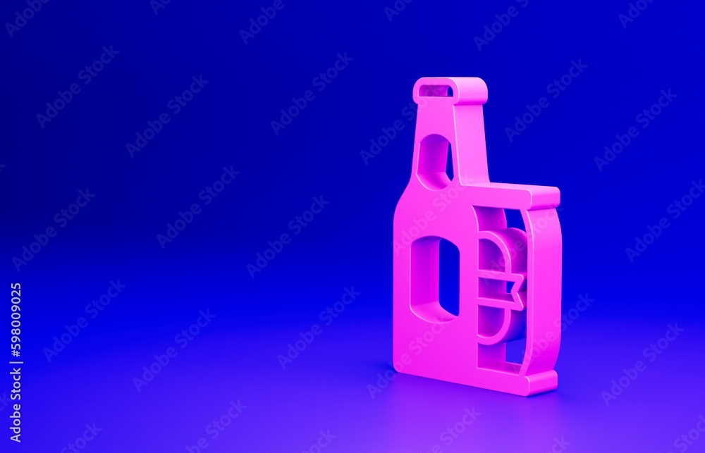 Pink Beer bottle and beer can icon isolated on blue background. Minimalism concept. 3D render illustration Pink Beer bottle and beer can icon isolated on blue background. Minimalism concept. 3D render illustration