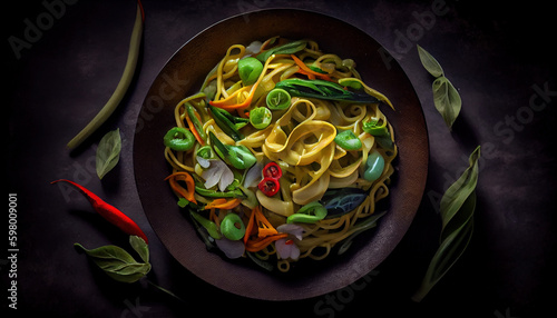 Top View Healthy Dish Of Vegetable Chow Mein on Foody Theme Background AI Generative