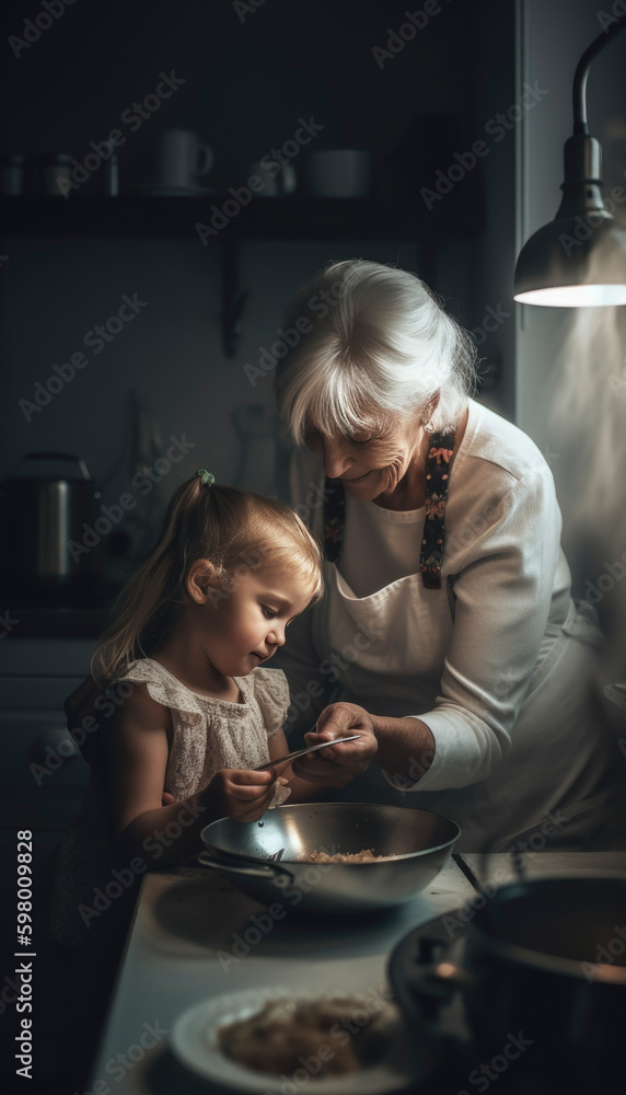 Grandma spending time with her granddaughter. Family concept. Generative AI illustrations