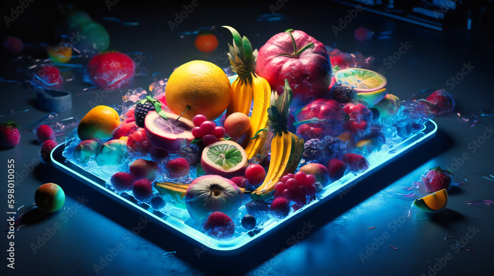 A digital tablet with a colorful piece of food on it