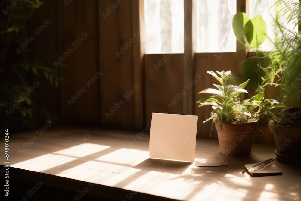 Blank Kraft card paper with botanical plant with sunlight at wood table and wall