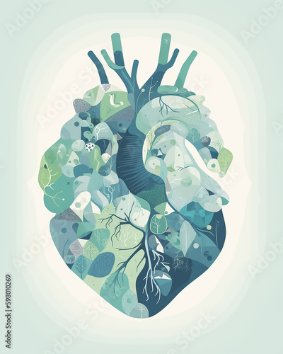 Illustration of stylized heart of healthy and good person sprouted with green leaves and trees. Generative ai Generative AI