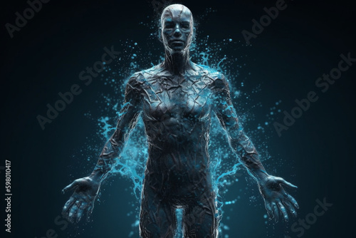 An enchanting and surreal image of a human body made of water, representing fluidity, purity, and life force. Ai generated.