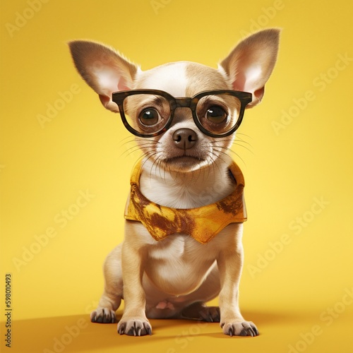 cute dog animal portrait chihuahua glasses yellow pet background puppy studio. Generative AI. Generative AI