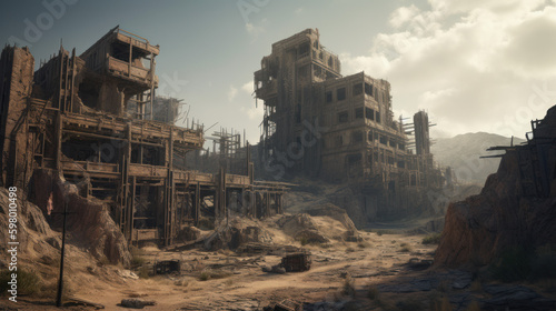 A photograph of very old ruins of destroyed cybercity, generative ai