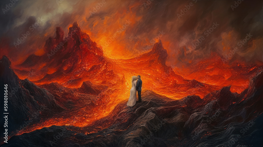 A portrait of a two lowers hugging on the top of an active  volcano, generative ai