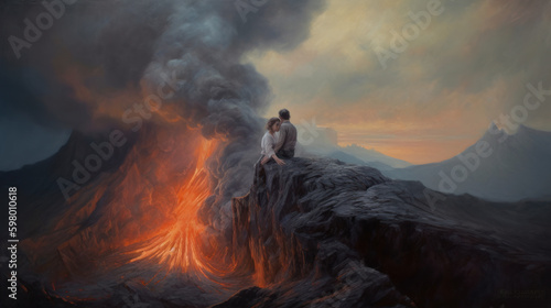 A portrait of a two lowers hugging on the top of an active volcano, generative ai