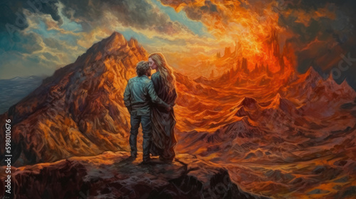 A portrait of a two lowers hugging on the top of an active  volcano, generative ai © TheGoldTiger