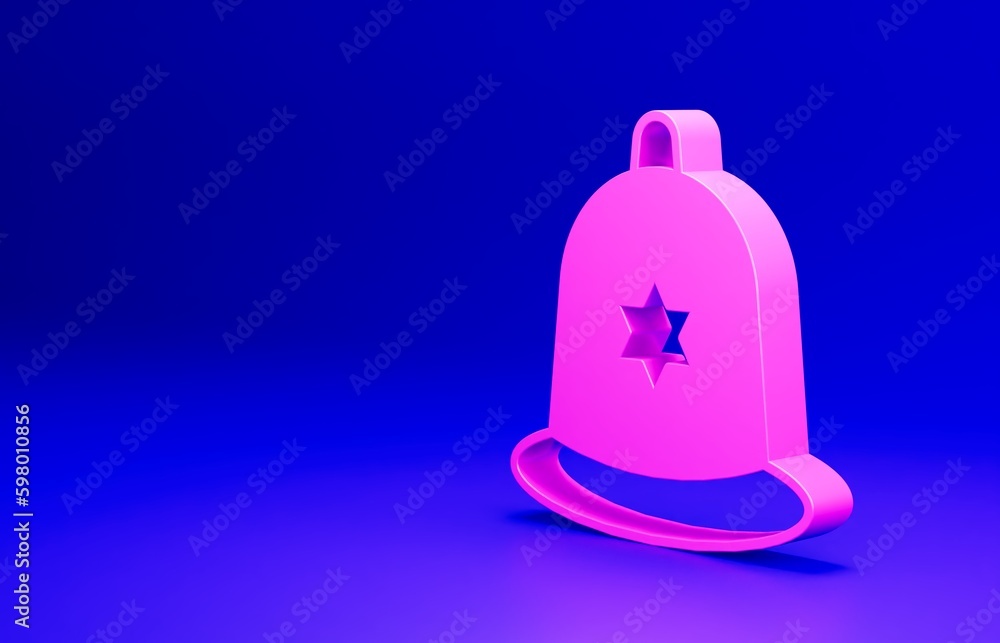 Pink British police helmet icon isolated on blue background. Minimalism concept. 3D render illustration Pink British police helmet icon isolated on blue background. Minimalism concept. 3D render illustration