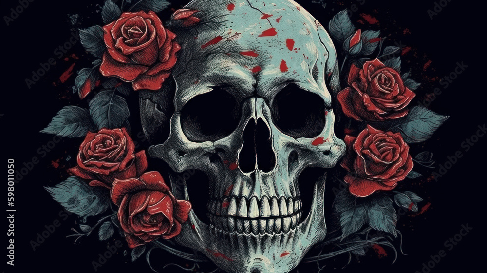 skull and crossbones, a skeleton with red roses and graphic art in retro, generative ai skull and crossbones, a skeleton with red roses and graphic art in retro, generative ai