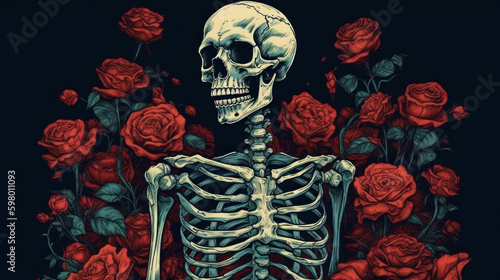 skull and crossbones, a skeleton with red roses and graphic art in retro, generative ai