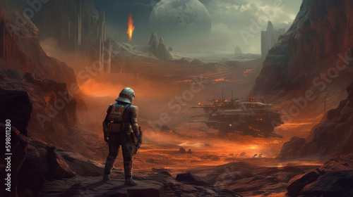 A stunning paint of the mandalorian walking in a fire valley