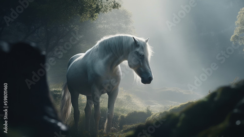 A white horse through a fairyland valley  generative ai