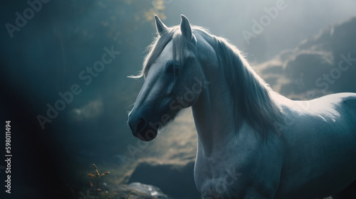 A white horse through a fairyland valley, generative ai