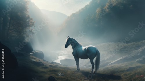 A white horse through a fairyland valley, generative ai © TheGoldTiger