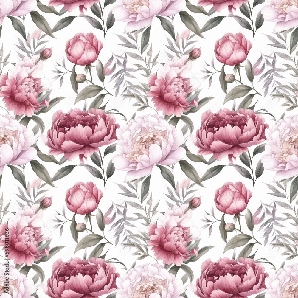 Seamless pattern with many peonies on white background in watercolor style. Generative AI. Seamless pattern with many peonies on white background in watercolor style. Generative AI.