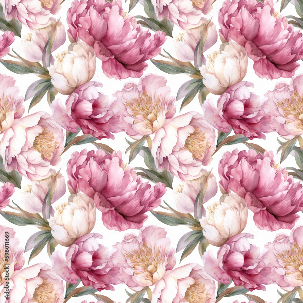 Seamless pattern with many peonies on white background in watercolor style. Generative AI.