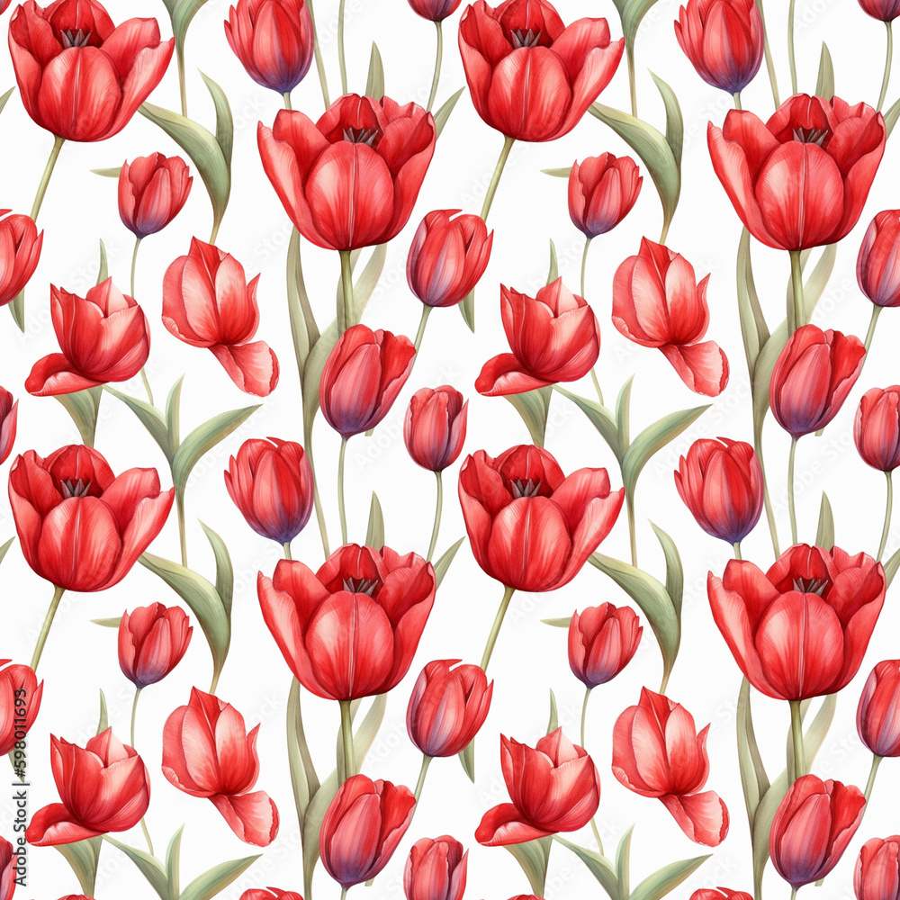Seamless pattern with many red tulips on white background in watercolor style. Generative AI. Seamless pattern with many red tulips on white background in watercolor style. Generative AI.