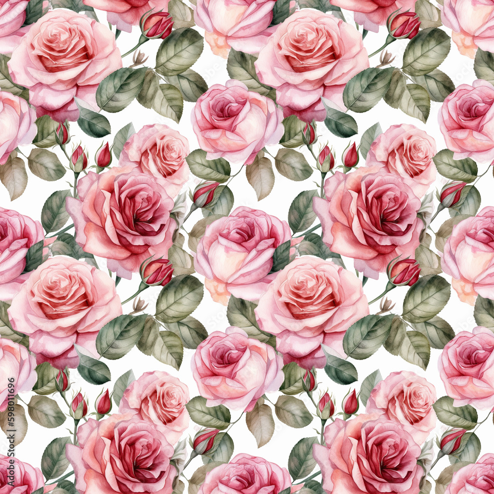 Seamless pattern with many pink roses on white background in watercolor style. Generative AI.