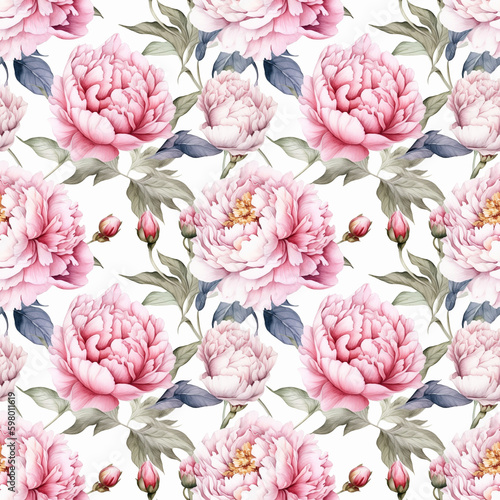 Seamless pattern with many peonies on white background in watercolor style. Generative AI.