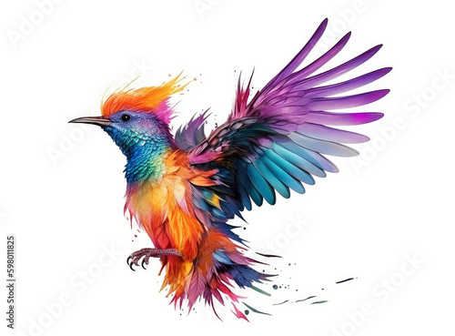 Fantastic bird with multicolored feathers, white background, Generative AI © Aleksandr Bryliaev