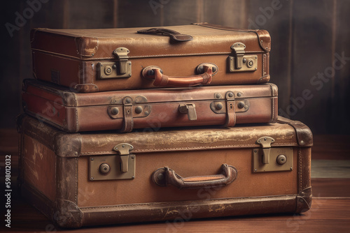 Stack of three closed old suitcases, front view, Generative AI