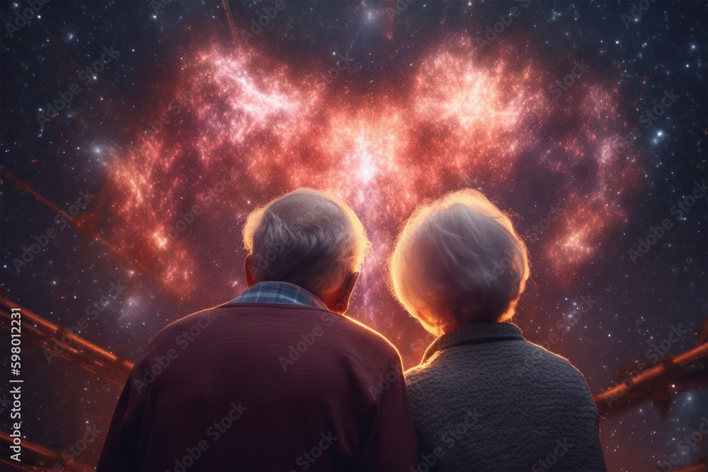 A couple of elderly people looking at the sky. Eternal love concept. People ageing, life after death concept. Generative AI