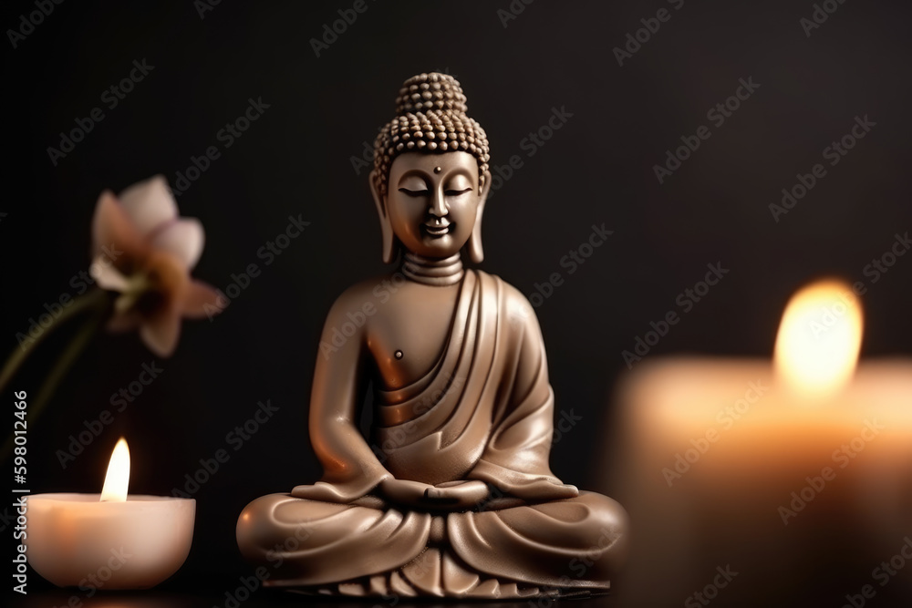 Fototapeta premium Buddha statue in meditation with lotus flower and burning candles. Meditation, spiritual health, peace, searching zen concept
