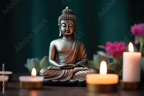 Buddha statue in meditation with lotus flower and burning candles. Meditation  spiritual health  peace  searching zen concept