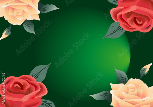 Fondo verde con degradado radial  y rosas rojas y tonos salmón