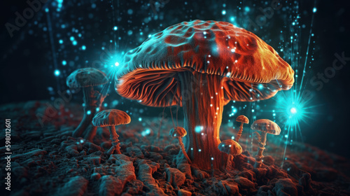 Artifical inteligence and psychodelic mushrooms on blue background, generative ai