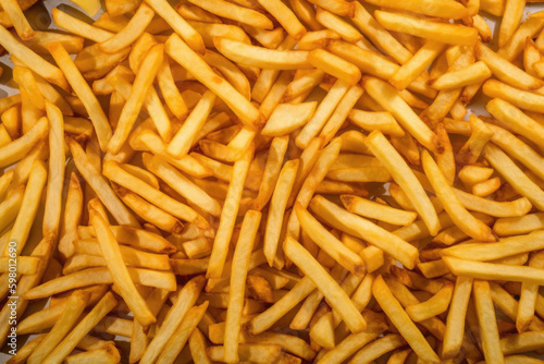 French fries as background, fried potato sticks, golden fries, roasted potatoes, finger chips, french fries texture, frites. Fast food, junk street food 
