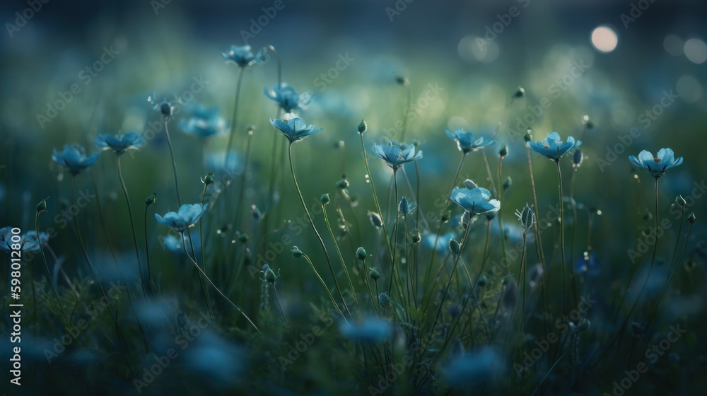 Fototapeta premium Beautiful blue flower in green field, generative ai