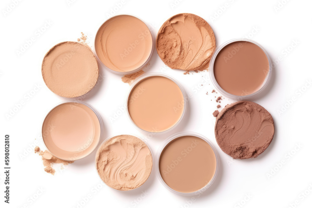 Make up face powder or blush, different skin tones. BB, CC cream foundation tonal smudges on white background. Texture of makeup powder. Decorative cosmetics samples set Make up face powder or blush, different skin tones. BB, CC cream foundation tonal smudges on white background. Texture of makeup powder. Decorative cosmetics samples set