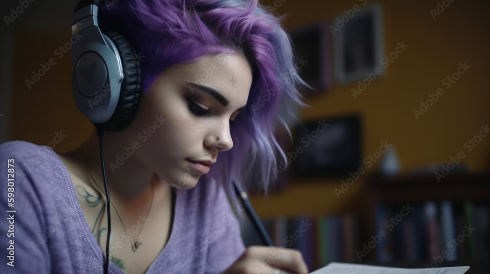 Fototapeta premium Beautiful happy woman in her room with lavender hair, generative ai