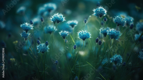 Beautiful blue flower in green field, generative ai