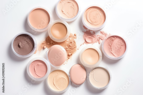 Make up face powder or blush, different skin tones. BB, CC cream foundation tonal smudges on white background. Texture of makeup powder. Decorative cosmetics samples set