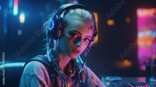 woman listening to music, beautiful robot girl smiling wearing a headphones, generative ai