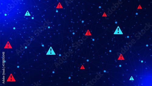 Attention warning with exclamation mark. Dots and lines connection. Hacking and security protection concept background.