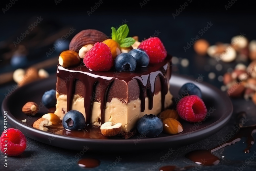 Chocolate dessert with raspberry and blueberry, cheesecake with fresh berries, nuts and caramel. Selective focus