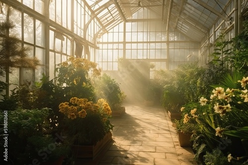 Greenhouse filled with green plants and flowers, sunset light with fog, AI Image