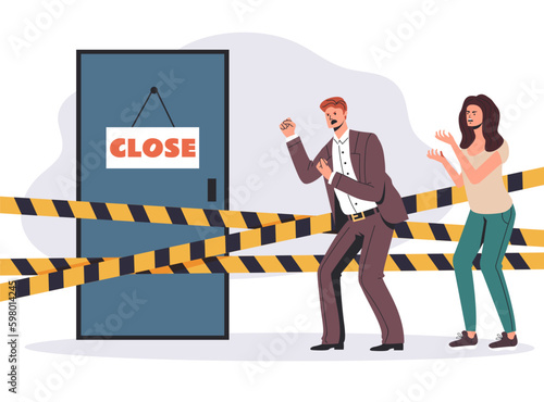 Close business office door barrier cross yellow tape concept. Vector graphic design illustration