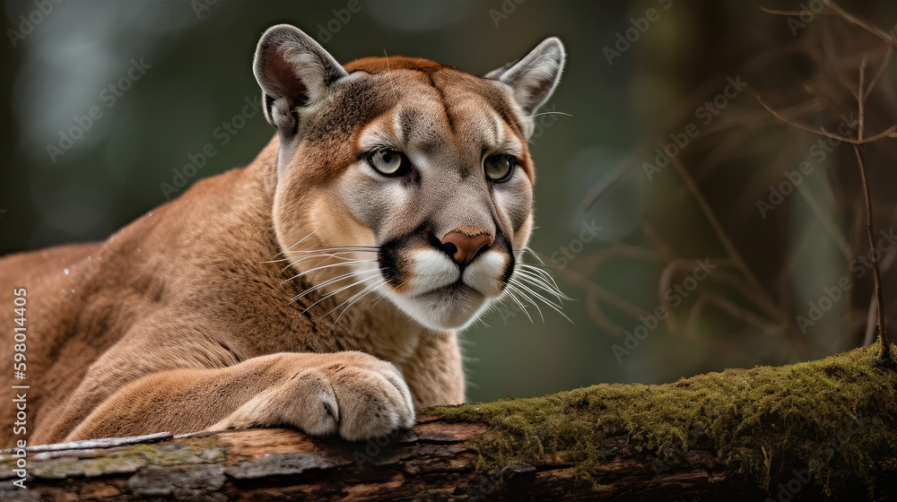 Obraz premium Cougar on branch looking down, generative ai