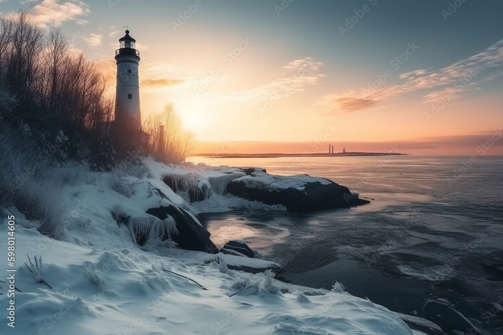 A stunning image of a lighthouse situated near the sea, with breathtaking views of the sunrise and sunset. This picturesque scenery captures the essence of peace, serenity, and beauty. Ai generated.