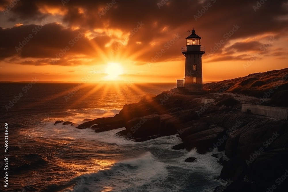 A stunning image of a lighthouse situated near the sea, with breathtaking views of the sunrise and sunset. This picturesque scenery captures the essence of peace, serenity, and beauty. Ai generated.